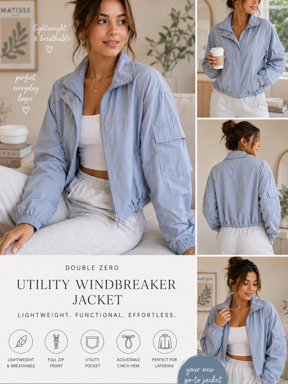 ✨Double Zero Light Blue Utility Windbreaker Jacket Cinch Hem Zip Front ✨️